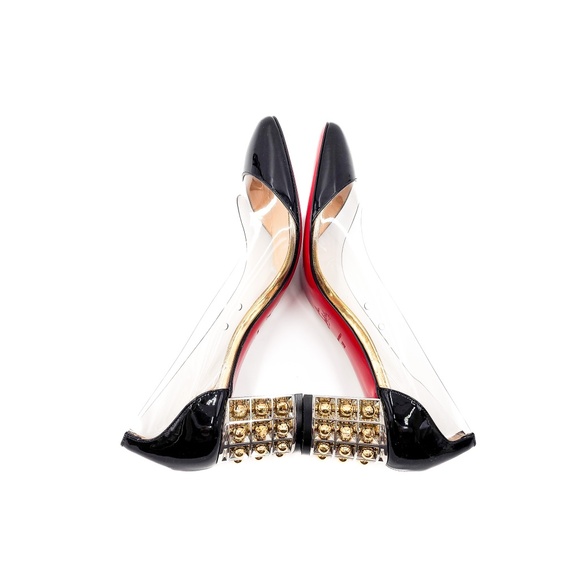 Christian Louboutin Faridaravie 25 Black Patent Leather PVC Gold Block Heels 38 - Picture 6 of 10